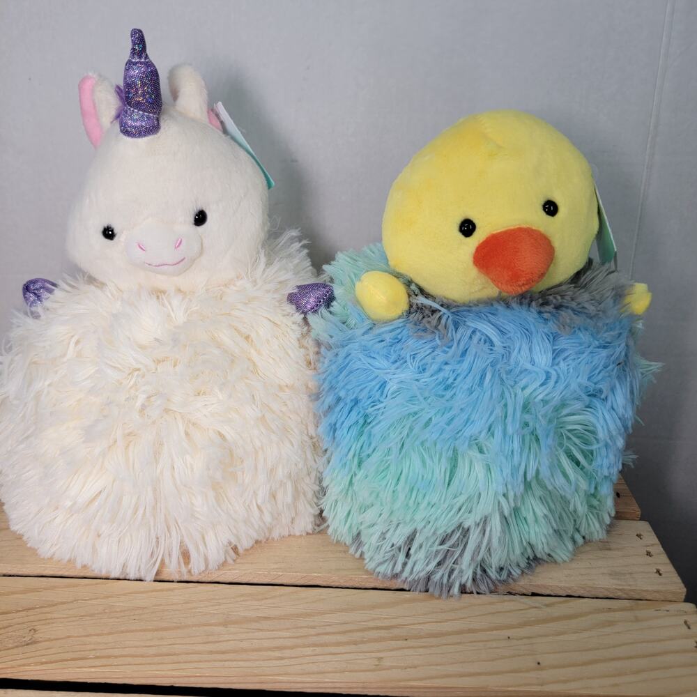 Set of 2 HUG Fuzzy Plushes: Fluffy Unicorn & Fluffy Duck - NWT